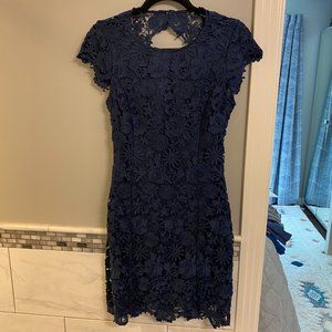 LULUS Romance Language Navy Blue Backless Lace Dress - Medium